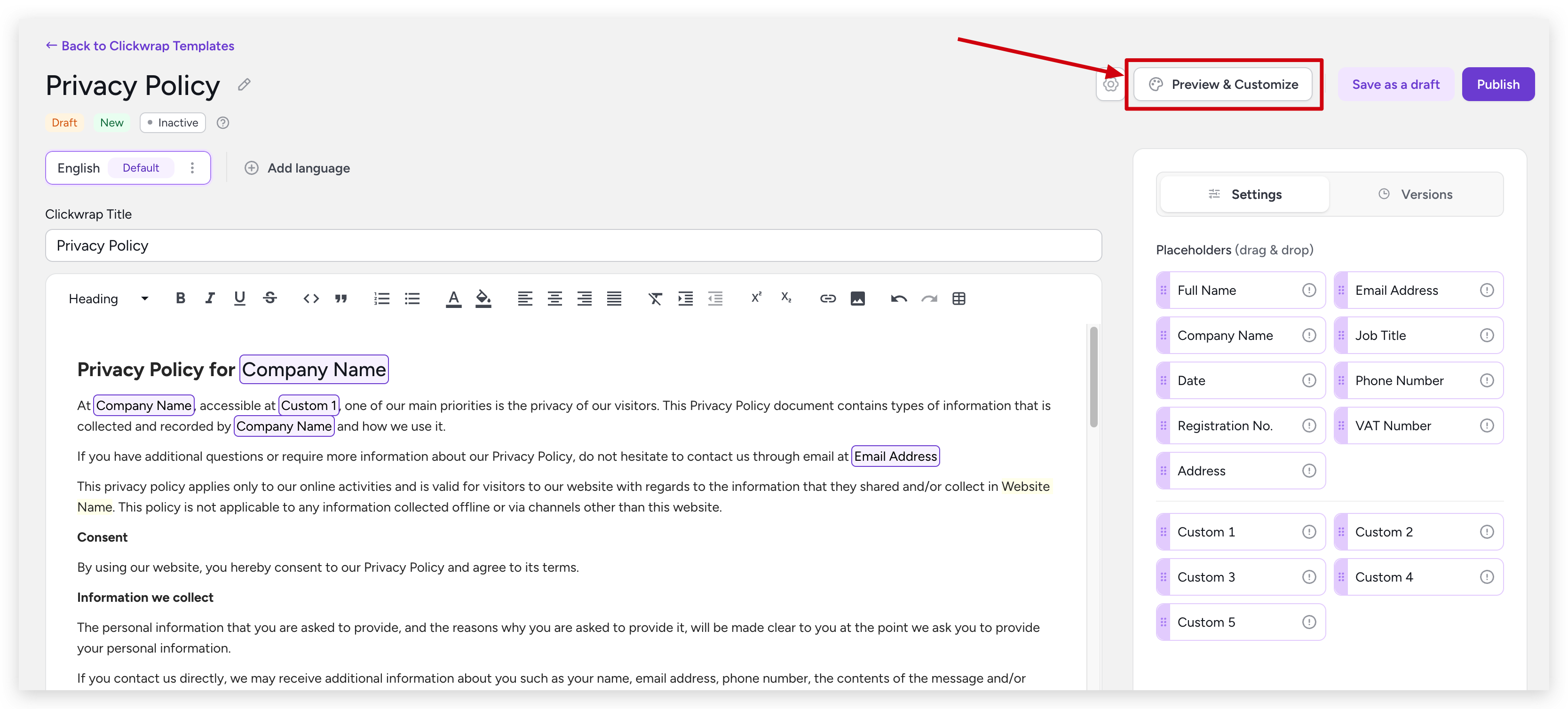 Preview & Customization button
